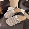 Woven Hollow Half Slippers 2025 Summer Bag Head Lazy Drag Belt Buckle Thick Heel Roman Cool Slippers Femininity