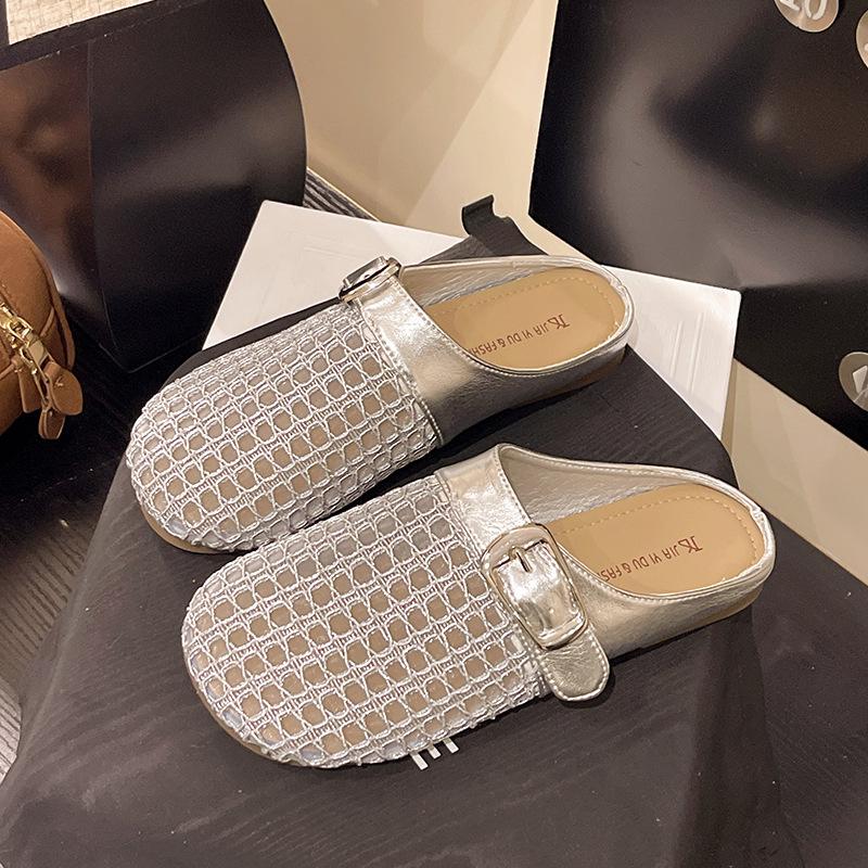 Woven Hollow Half Slippers 2025 Summer Bag Head Lazy Drag Belt Buckle Thick Heel Roman Cool Slippers Femininity