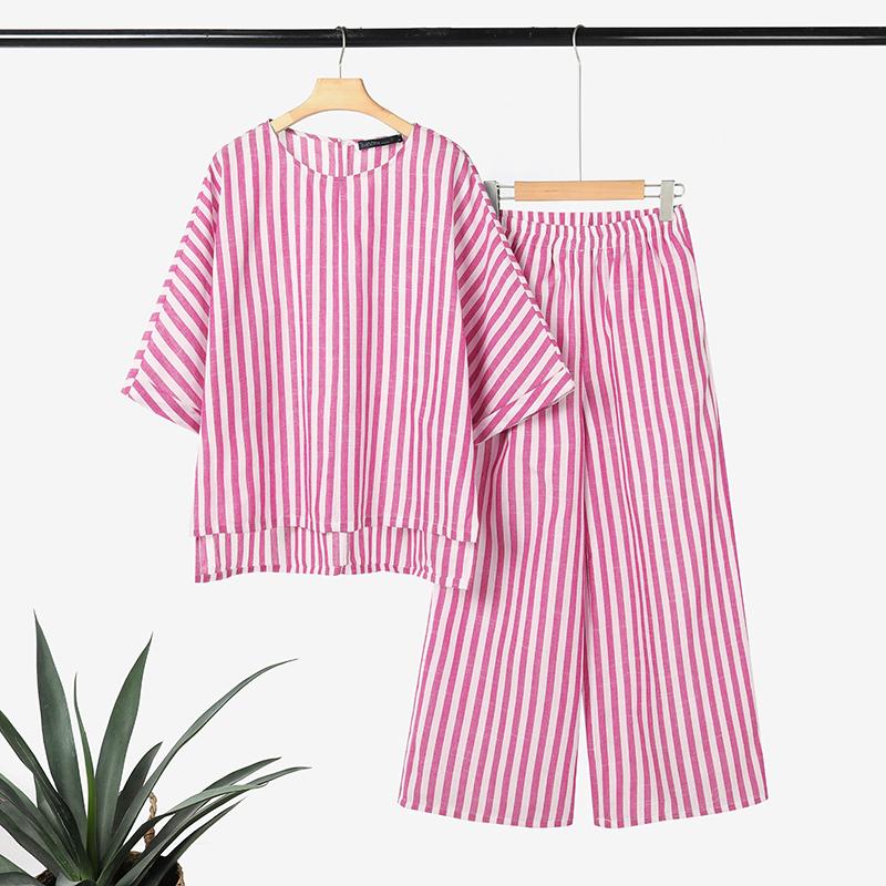 ZANZEA Women 3/4 Sleeve Blouse and Pants Summer Stripe Two Piece Suit Sets
