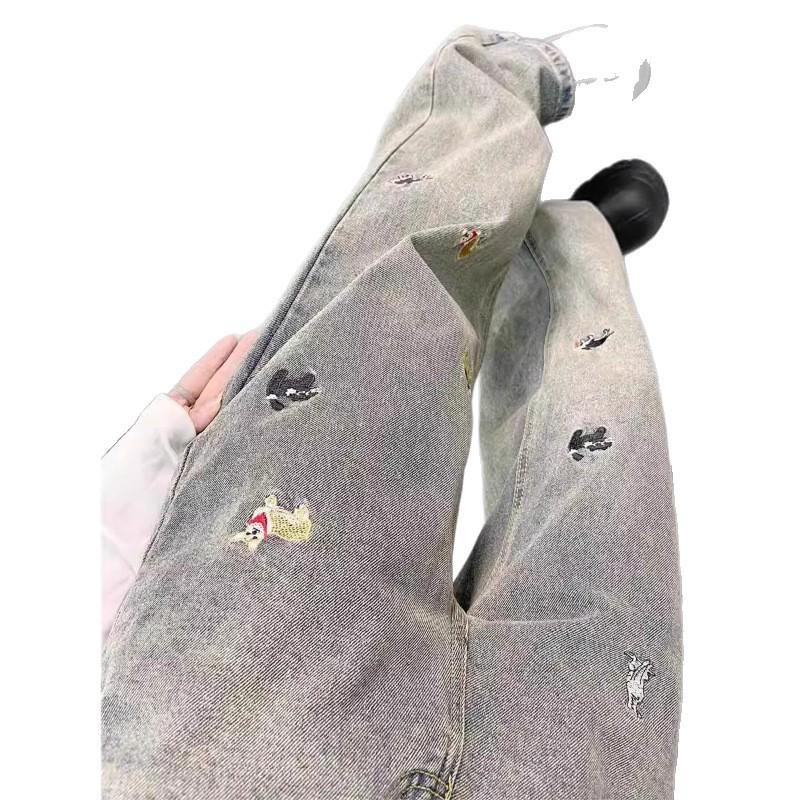 Plus Size Women's Retro Wide-Leg Jeans with Fun Puppy Embroidery