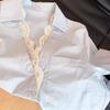 French Waist-Hugging V-Neck Blue Petite Women's Shirt - Niche, Straight Shoulder, Slimming Design