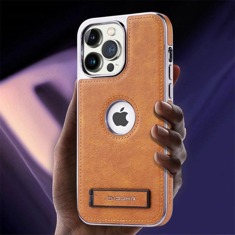 Coque de téléphone avec pare-chocs plaqué, cuir, support pliable, pour iPhone 16 15 11 12 13 14 Pro Max Plus, étui fin avec support métallique