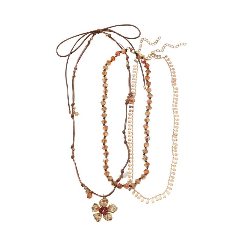 Handmade Bohemian Layered Drop Pendant Necklace Women Floral Zinc Alloy Chain Gold Tone 51-60cm