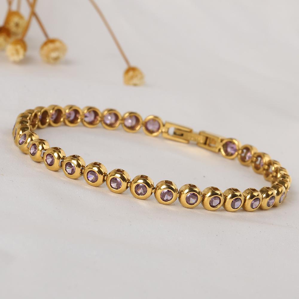 Women Dainty Trendy CZ Jewelry Gift 5mm Multi Color 5A ZIRCON Bezel 14K Gold Plated Stainless Steel Waterproof Tennis Bracelet