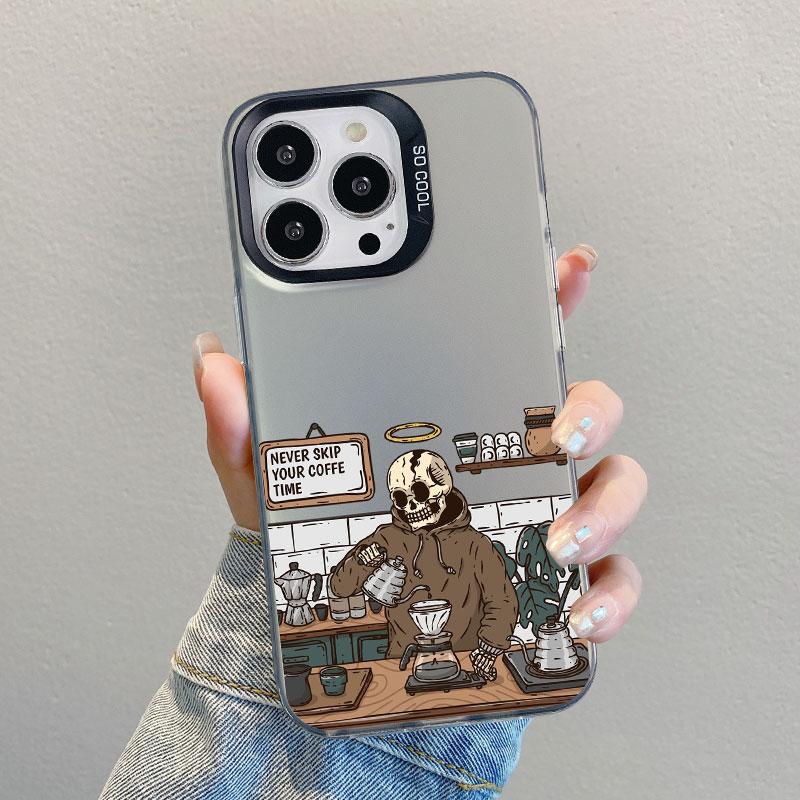 Coffee Shop Skeleton Cartoon Phone Case For iPhone 15 14 13 12 11 Mini Pro Max 16 Pro Max Plus 15 14 Plus Shockproof Laser Cover