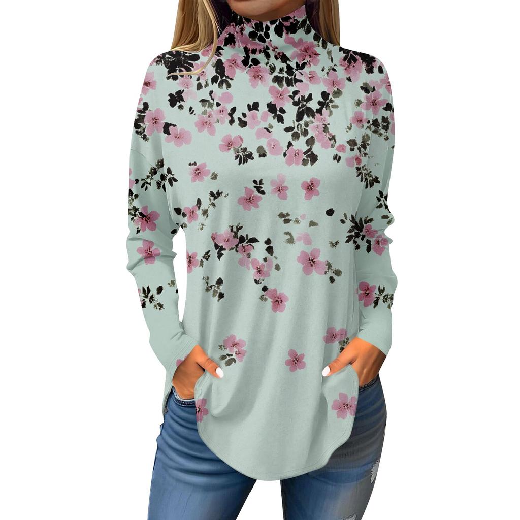 Tee Shirts For Women Fall Casual Long Sleeve Shirts Sweatshirt Vintage Printed High Neck Top Pullover