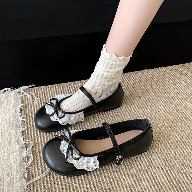 

Fashion Single Shoes 2025 New Spring and Autumn Mary Flat Vintage One Bow Lace French Shoes 35 чёрный