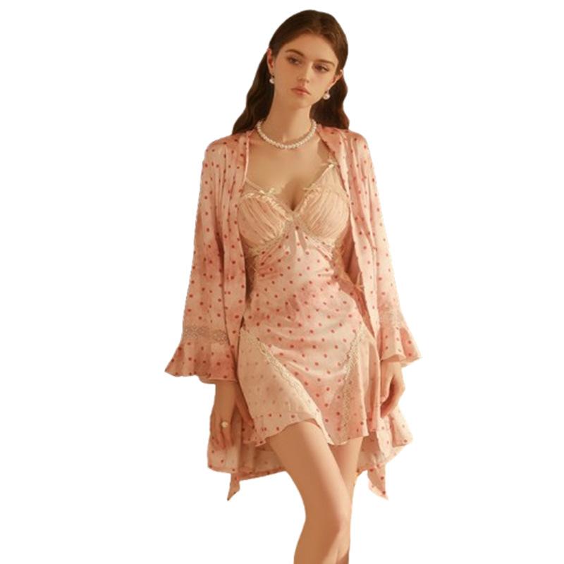 Women's Mesh Polka Dot Deep V Ruched Push Up Padded Cami Sleep Dress with Robe Set