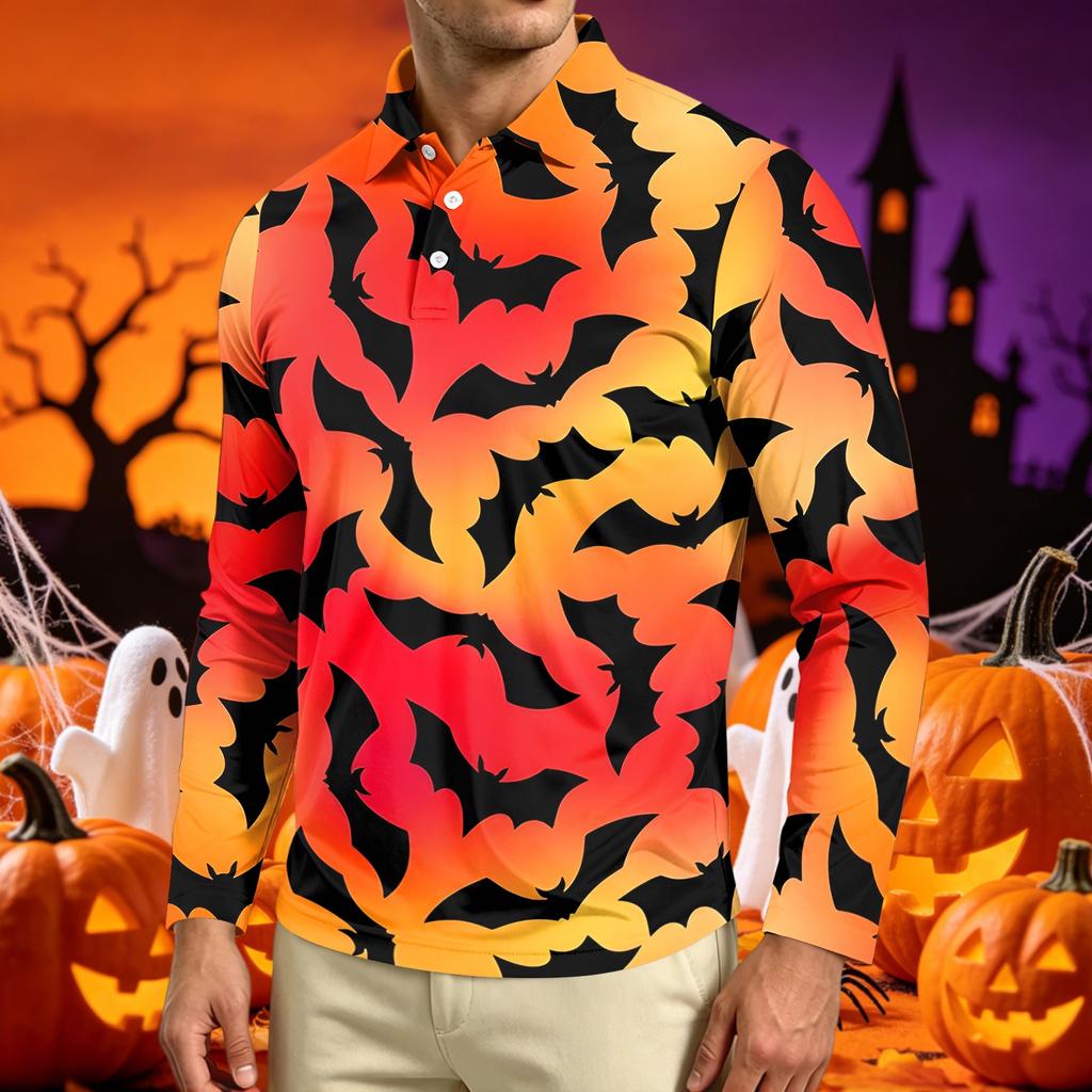 Men's Long Sleeve Casual T Shirt Crew Neck Printed Halloween Pumpkin Stars Moon Pattern Comfortable Fit Lightweight Top