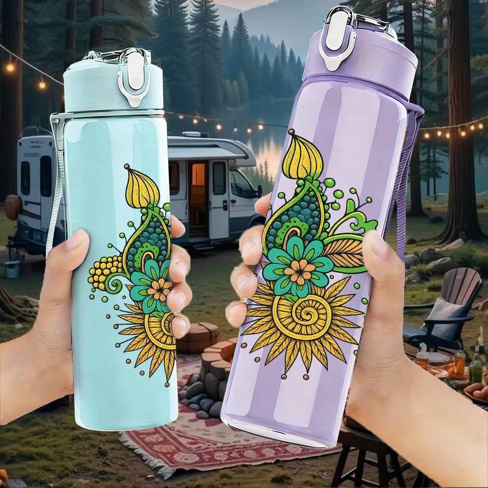 1PC Peacock Floral Mandala Print 750ml Color Plastic Sports Water Bottle Leakproof Flip Straw Lid Suitable for Sports Office Home Use