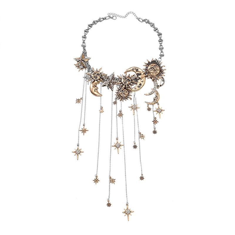 Exaggerated Multi-Layered Tassel Pendant Necklace With Moon Star Sun And Full Diamond Design For Women In Boho Style
