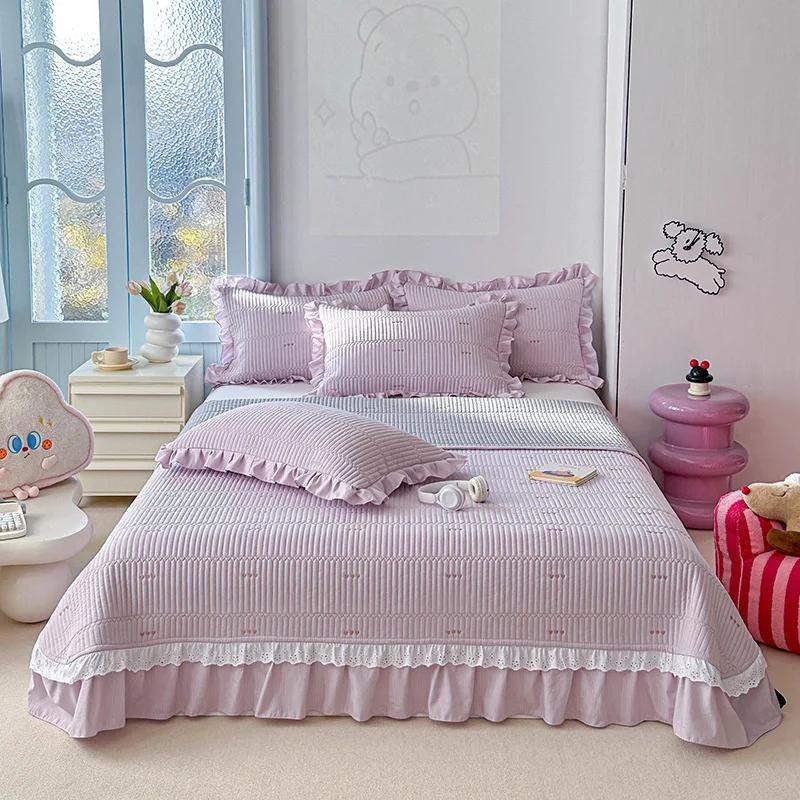 2025 New Kapok Twill Bed Cover Three Piece Set Kapok Love Solid Color Lace Bed Cover with a Pair of Pillowcases