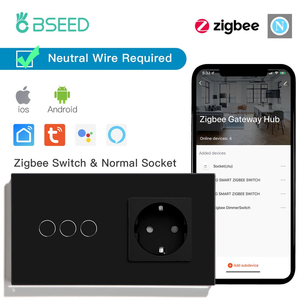 BSEED 1/2/3Gang Zigbee Wall Touch Switches Plus EU Sockets Double Triple Light Switches Tuya Smart Life App Neutral Required