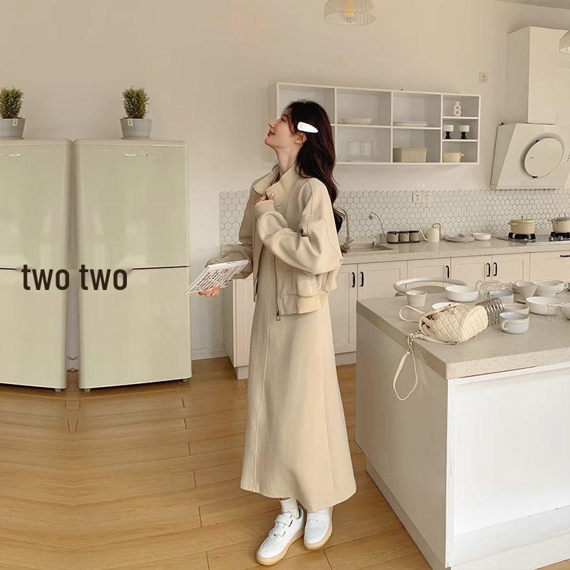 Schickes Übergrößen-Schlankheitsweste- und Kleider-Set - 300 Jin Frühling/Herbst Bauchbedeckendes, altersreduzierendes zweiteiliges Outfit für Damen