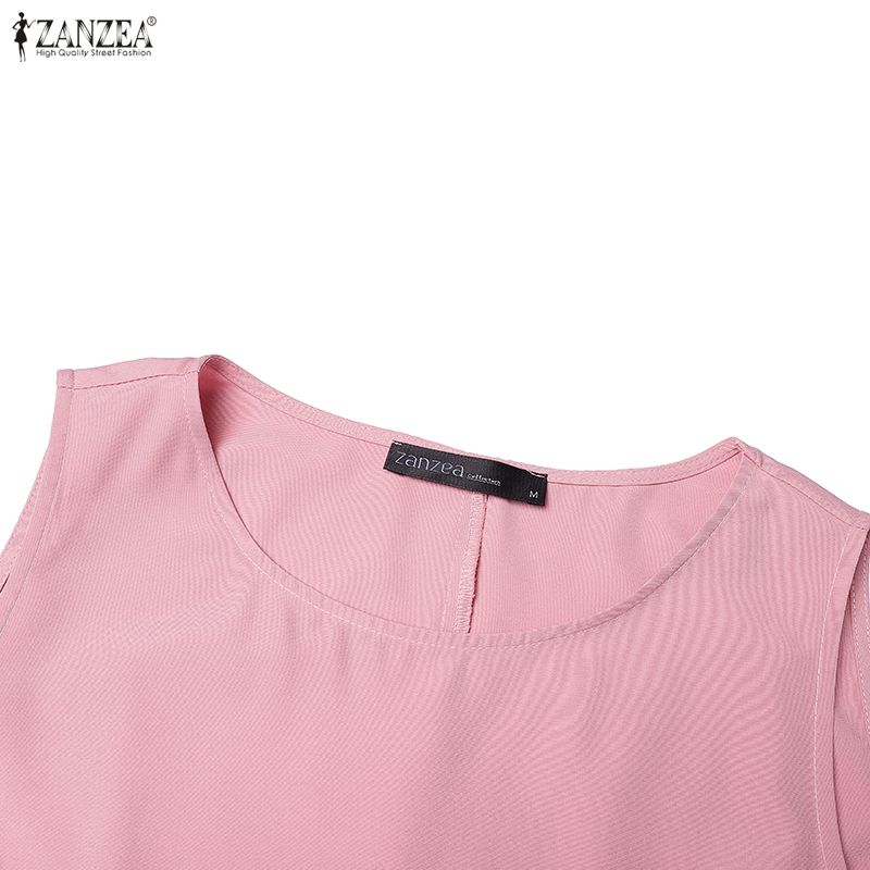 ZANZEA Damen Freizeit Rundhals Sommer Ärmellos Elegant Langes Kleid