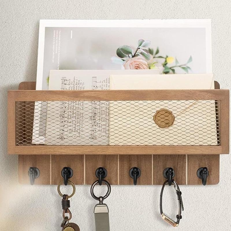 Scaffale Multifunzionale in Legno da Parete Organizzatore per Chiavi 6 Ganci Scomparto per Posta Contenitore per Piccoli Oggetti Decorazione Ingresso