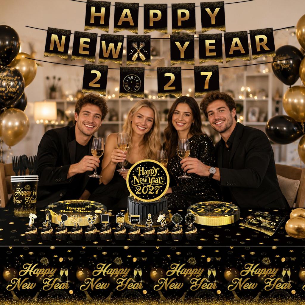 Black Gold New Year 2027 Party Decoration Set: Disposable Paper Plates, Napkins, and Cups.
