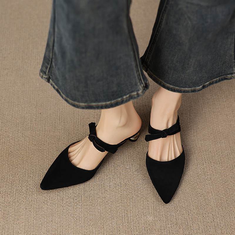 Krazing Pot Suede Butterfly-knot Mules Strange Style Med Heels Summer Size 42 Pointed Toe Slip on Women Shallow Pumps