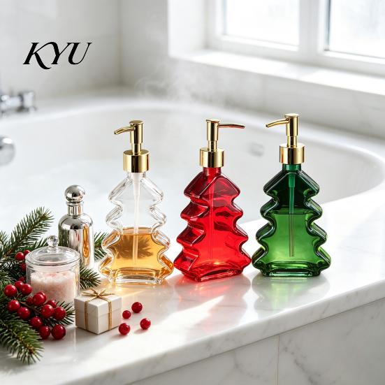 Christmas Table Centerpiece 300ml Tree Soap Dispenser, Glass Hand Dish Dispenser with Pump, Sturdy Xmas Decorative Empty Bottle for Soap, Kitchen,