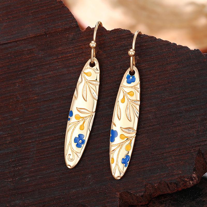 Hand-painted Floral Ceramic Drop Earrings, Bohemian Style Long Oval Earrings for Women, Vintage Blue & White Flower Jewelry Gift