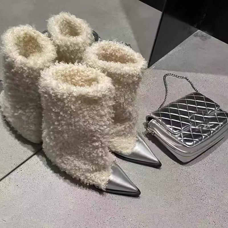 Nové dámské chlupaté teplé kozačky nad koleno z pravé kůže, jednobarevné, módní, stručné, sexy dámské boty na nazouvání s špičatou špičkou a tenkými podpatky