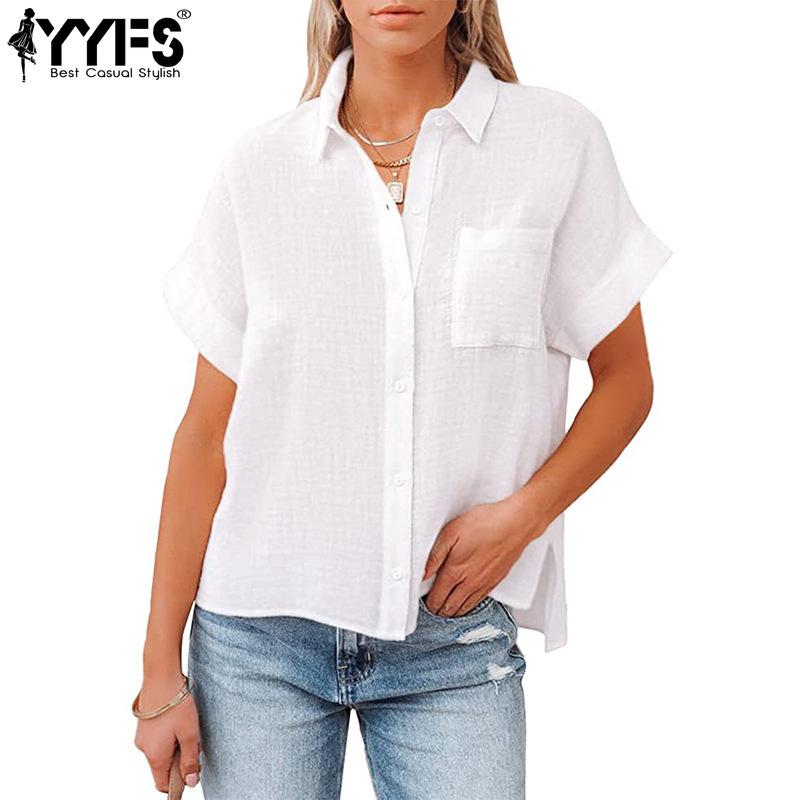 

5-цветная европейская и американская женская летняя повседневная карманная рубашка с короткими рукавами и лацканами