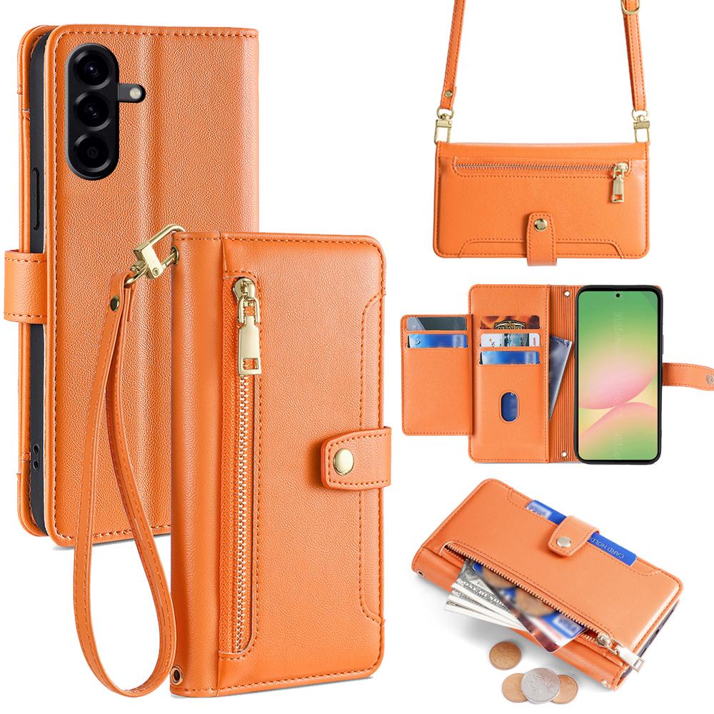 For Samsung Galaxy A56 5G Case Zipper Pocket Wallet Leather Phone Cover with 2 Straps