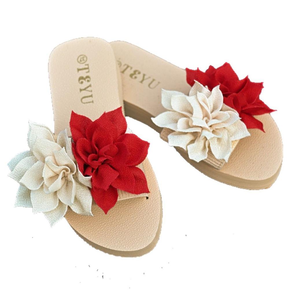 Verano 2025 nuevas zapatillas de suela gruesa para mujer para interior y exterior casual versátiles zapatillas frescas flor bicolor zapatillas planas para mujer