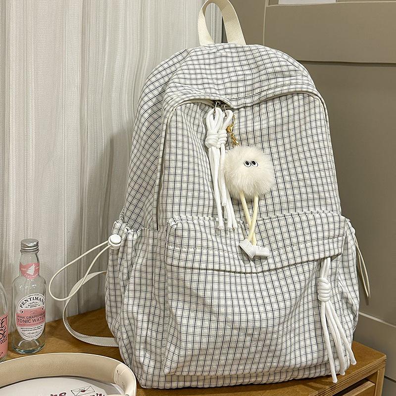 Школьный рюкзак для кампуса женский корейская версия ins простой клетчатый рюкзак для старшеклассников большая вместимость повседневный туристический рюкзак single bag белый