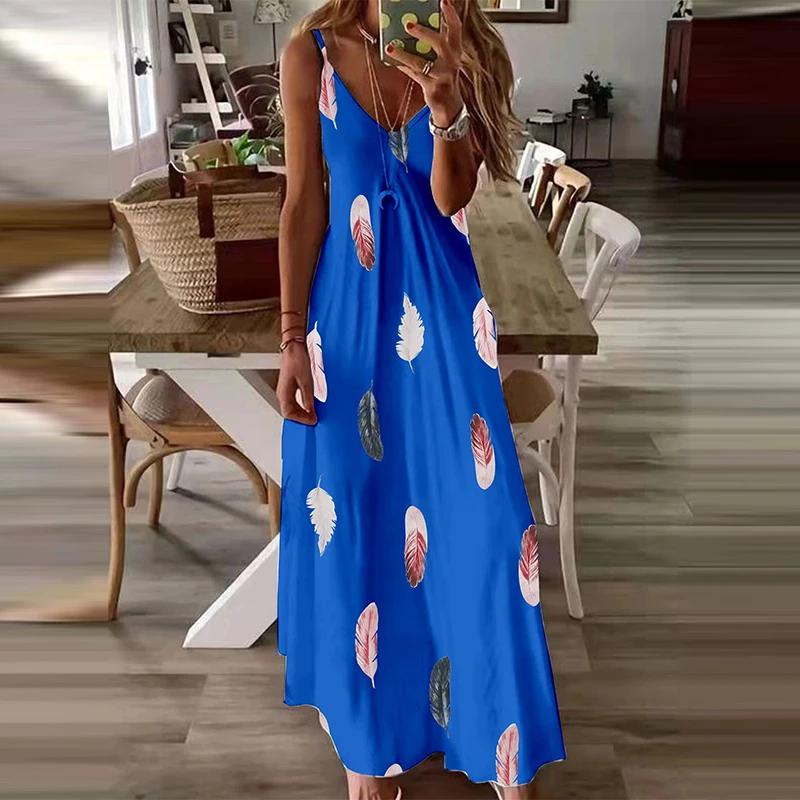 All-Season Chic Feather Print Maxi Dress Casual V-Neck Comfort Stretch Easy Care