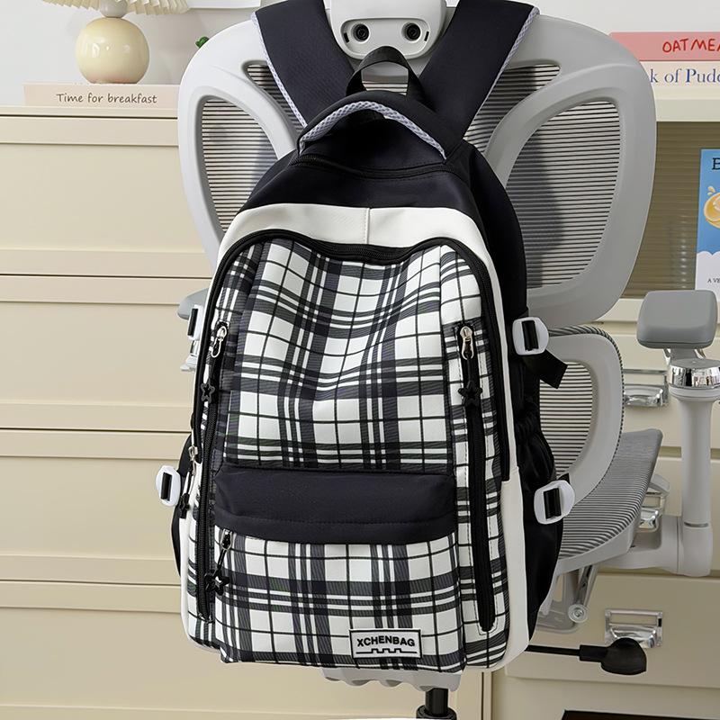 Schoolbag1011 New Plaid Backpack, Student Schoolbag, Women's Large-capacity, Lightweight and Simple, Junior High School Student Shoulder Make-up Bag
