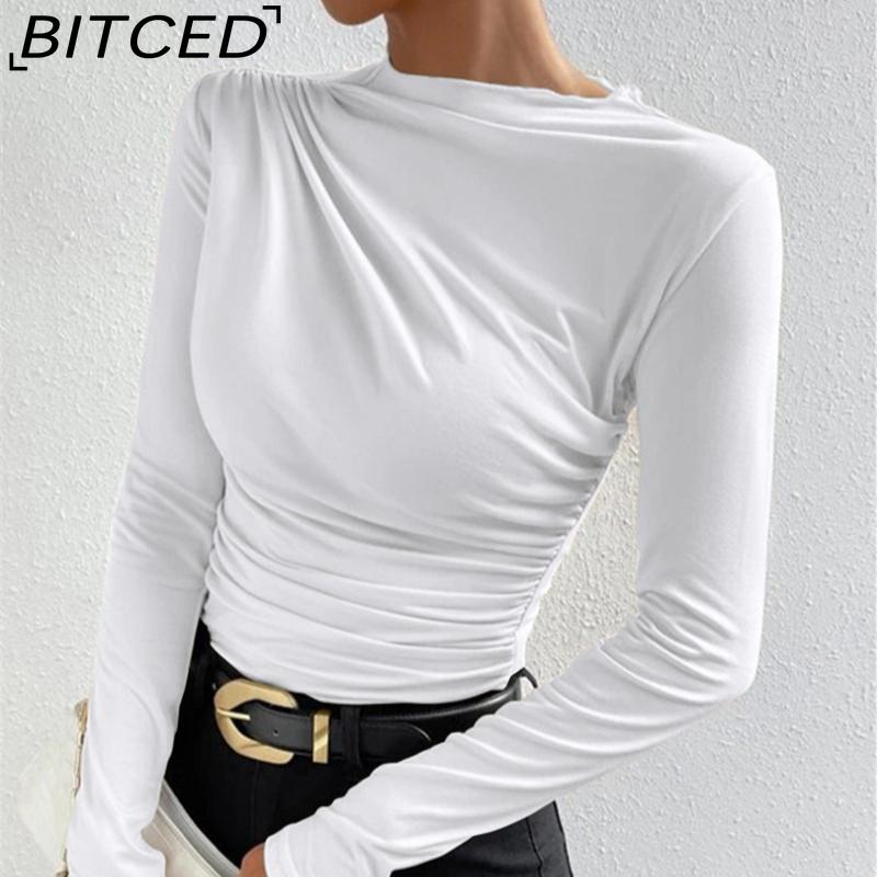 BITCED Solid-colour Fitted Base Layer Top Versatile Pleated Detailing Long-sleeved T-shirt Women's Blouse