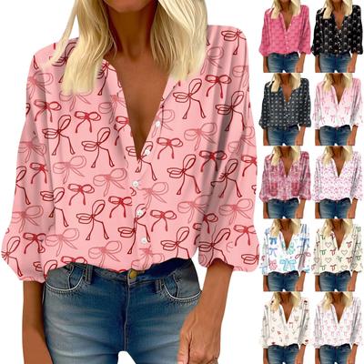 Women's Shirt Button Casual Print Fashion Round Neck Drop Shoulder Seven Sleeve Shirt Top
