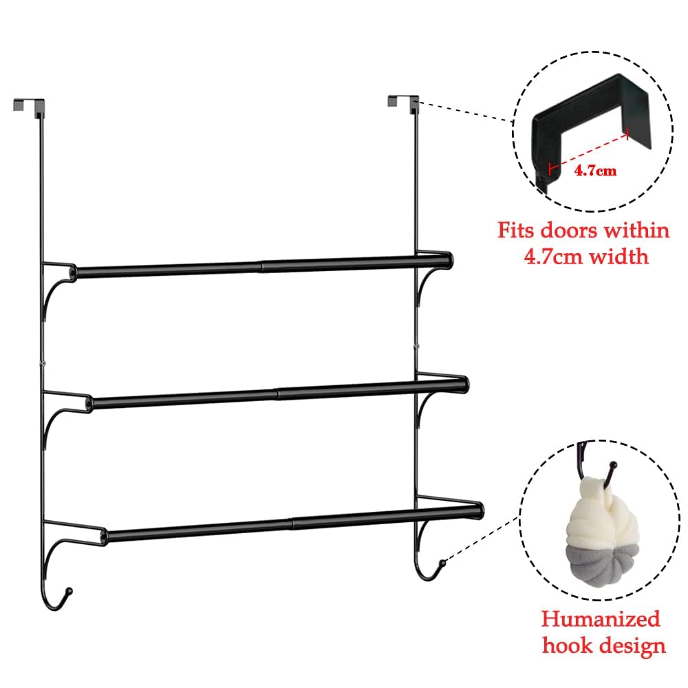 Extendable Towel Hanger, Door Hook, 3 Tiers with 2 Hooks, No-Hole Installation, Space-Saving for Bathroom and Kitchen, Black
