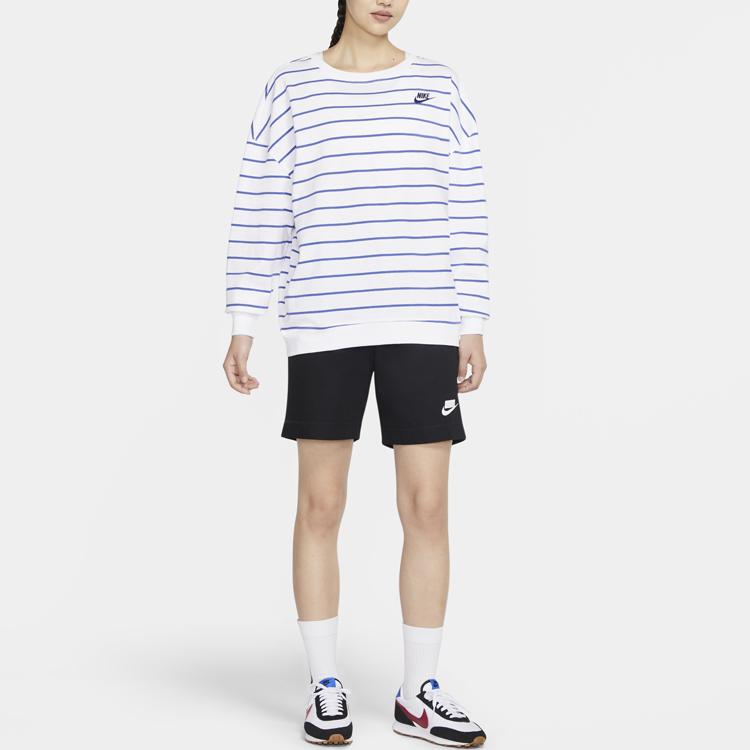 Nike Sportswear Loose Fit Striped Print Crew Neck Long Sleeve Drop Shoulder T-Shirt Women T-Shirts White DJ9305-140