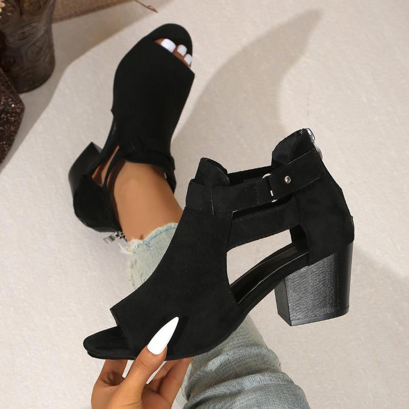 Women's Chunky Heel Open-Toe Sandals with Ankle Strap & Zipper Closure - Black Fabric Upper, Synthetic Cover Insole & Rubber Sole for Casual To Formal