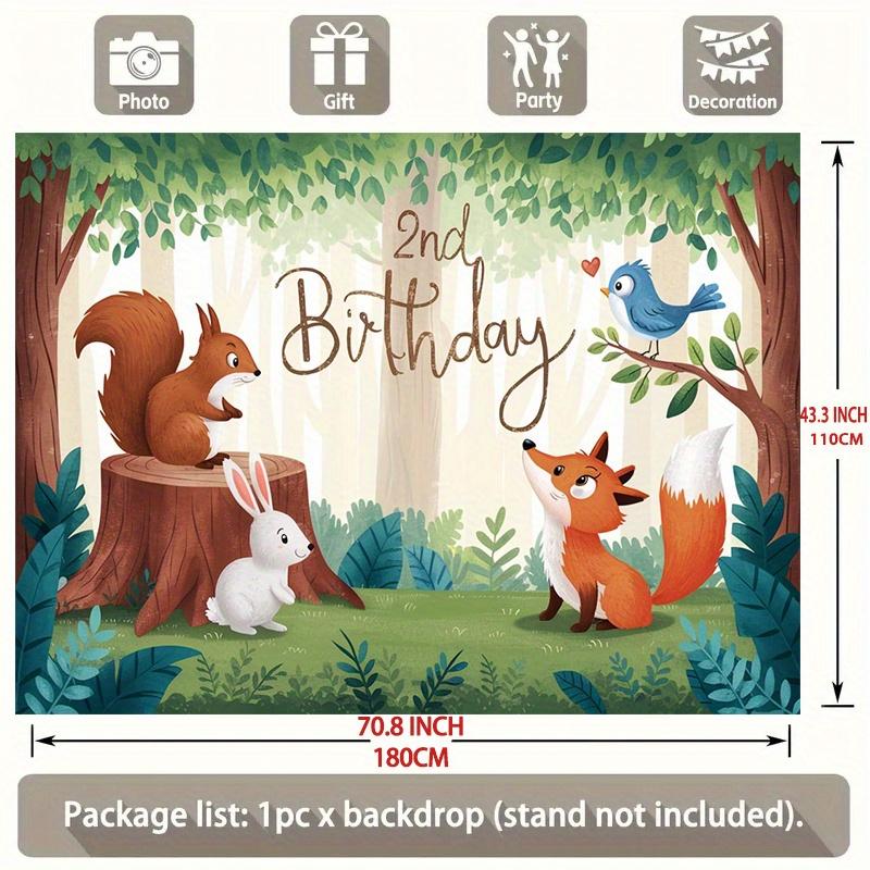 Forest 2nd Birthday Party Banner, Squirrel Rabbit Fox Polyester Backdrop for Room Wall