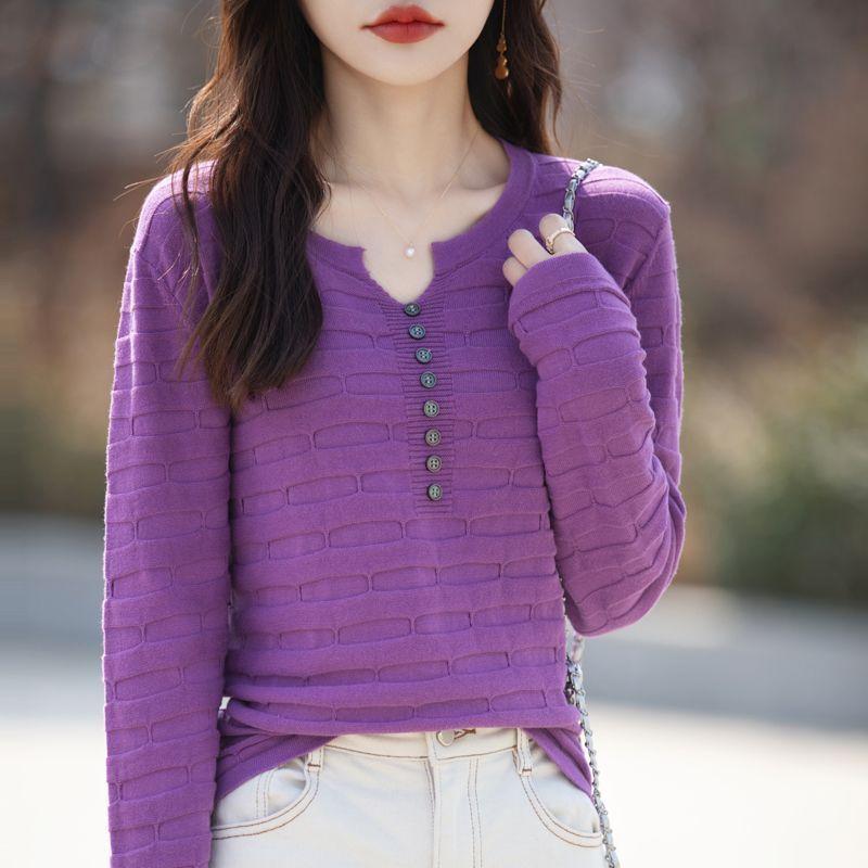 

Футболка с длинными рукавами, трикотажный свитер, женский свитер с V-образным вырезом, свободный топ высокого качества 2XL фиолетовый