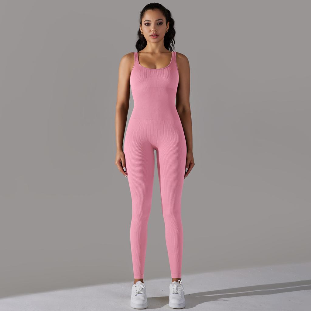 Seamless Knitted Thread Solid Color Tight Flat Collar Jumpsuit For Sports Running, Fitness Yoga, And Fitness