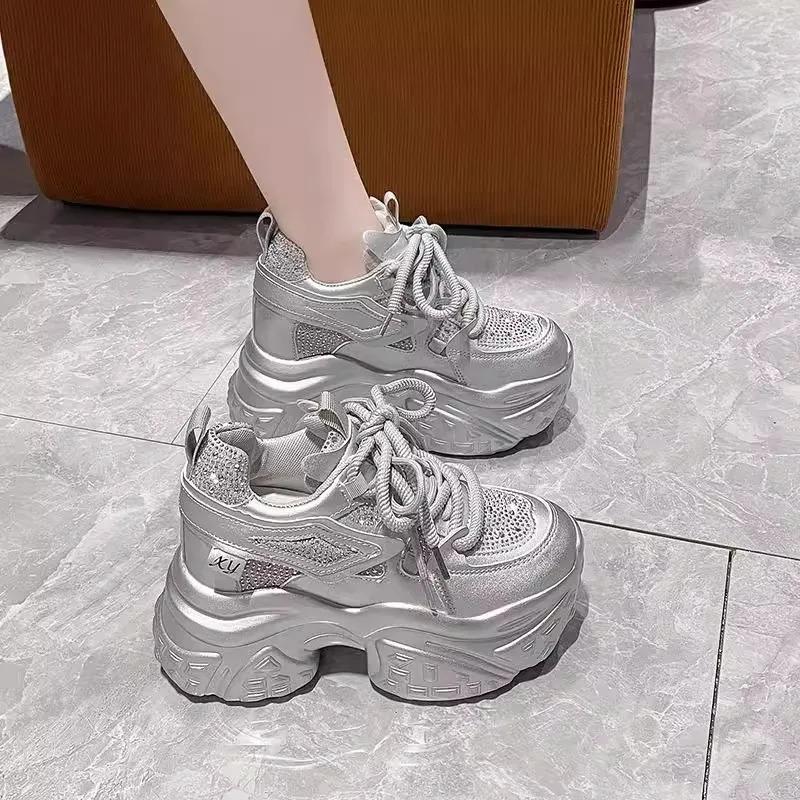 Platform Bling Sequine Sneaker Boots 9cm Height Increasing Lace Up Autumn Winter Women Shoes Thick Botton Sole Boots