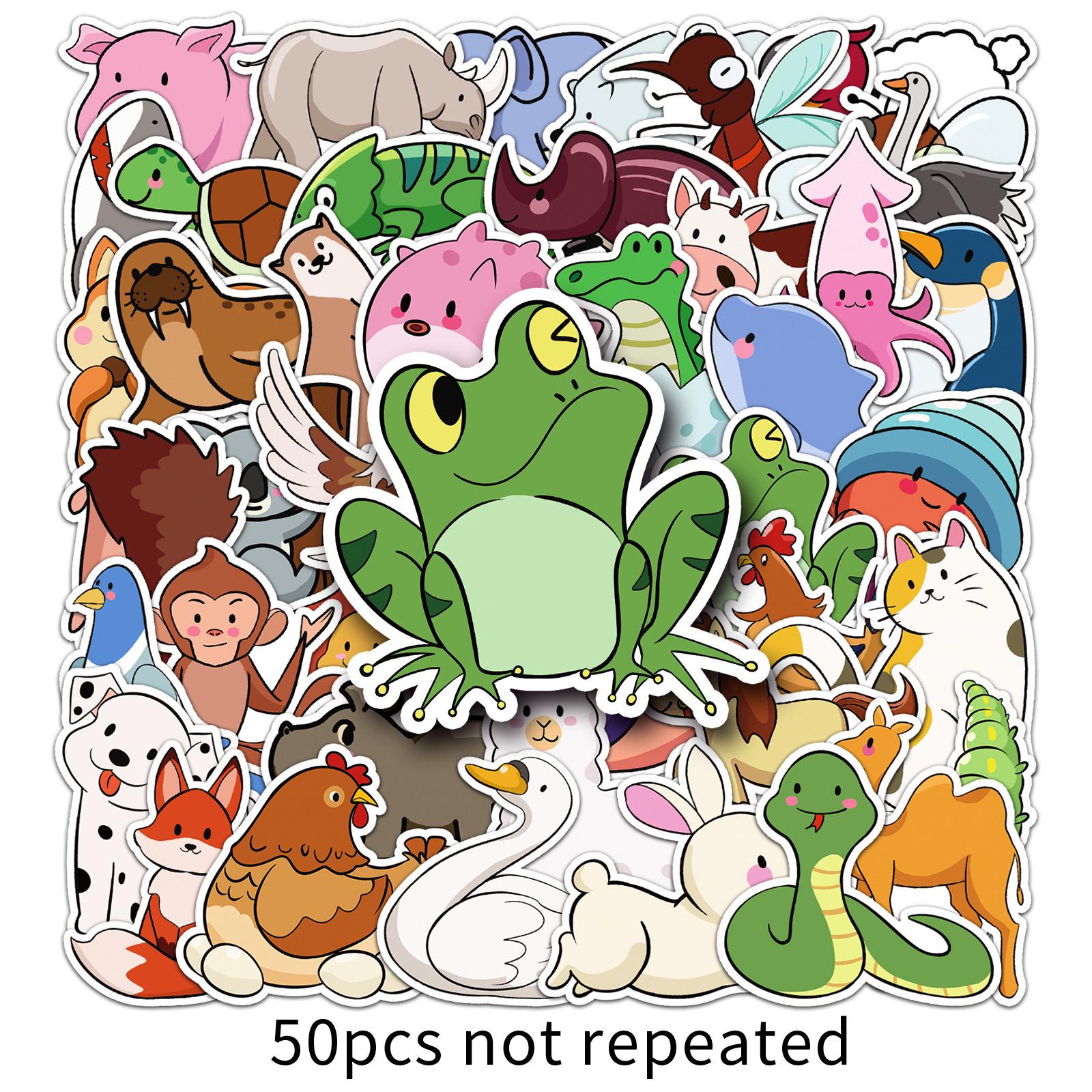 50 Cute Animal Stickers: Hand-Drawn Cartoon Designs for Skateboards, Water Bottles & Phones