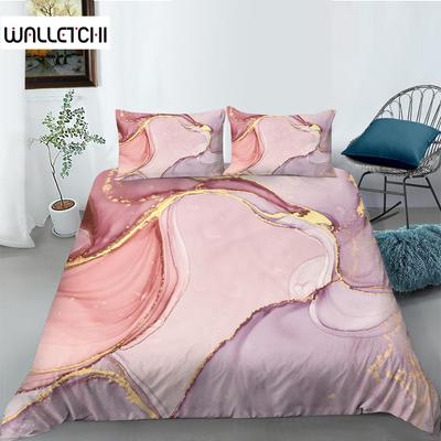 Marble Duvet Cover Set Pink Printed Queen Size Bedding Set Polyester Abstract Print Decor Golden Comforter Cover for Girls Teens