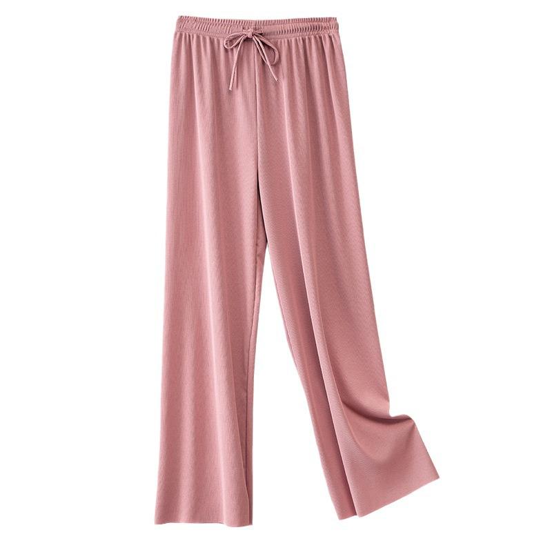 Pantaloni Larghi Estivi da Donna a Vita Alta in Seta Ghiacciata - Modellanti, Drappeggiati, Casual da Studentessa, Vestibilità Larga, Gamba Dritta Stretta.