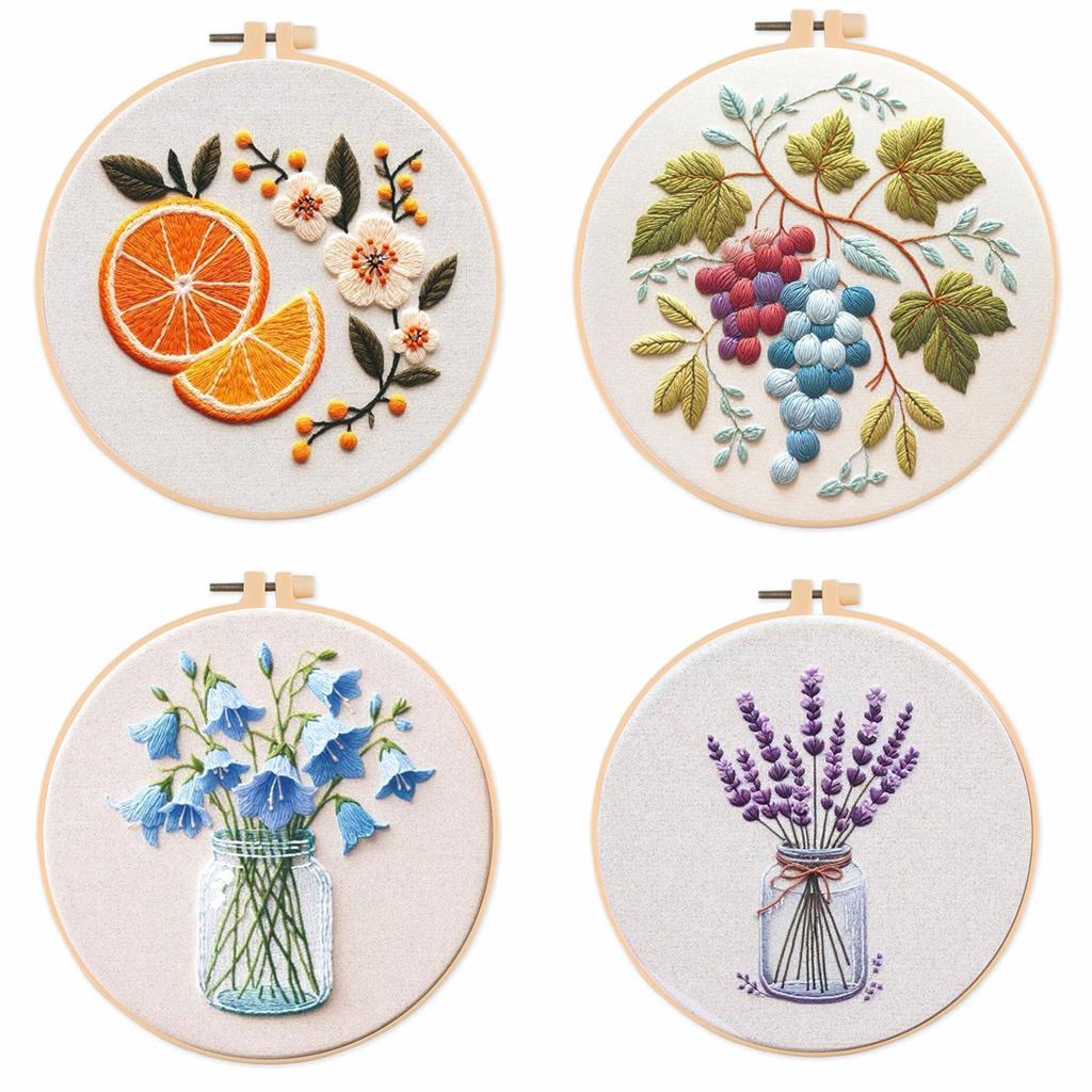 1set Fruit and Flower Embroidery Series DIY Embroidery Materials, Including Tools, Suitable for Beginners, Hand Embroidery Fabric Material Set