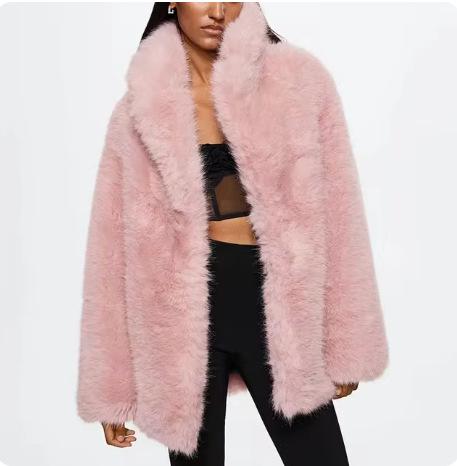Autumn and winter European and American women's artificial fur warm medium and long suit collar coat coat