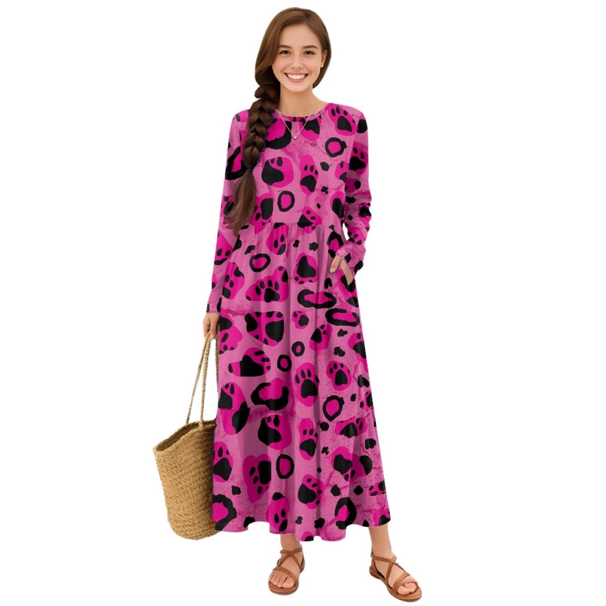 Patchwork Skirt Casual Long Sleeve Dress Women Soft Loose Dress S