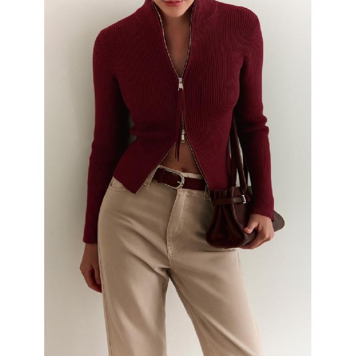 

Оригінальна трикотажна куртка-светр у стилі легкої розкоші весна-осінь жіноча елегантна в рубчик на подвійній блискавці тепла куртка з довгим рукавом S вина червоного кольору