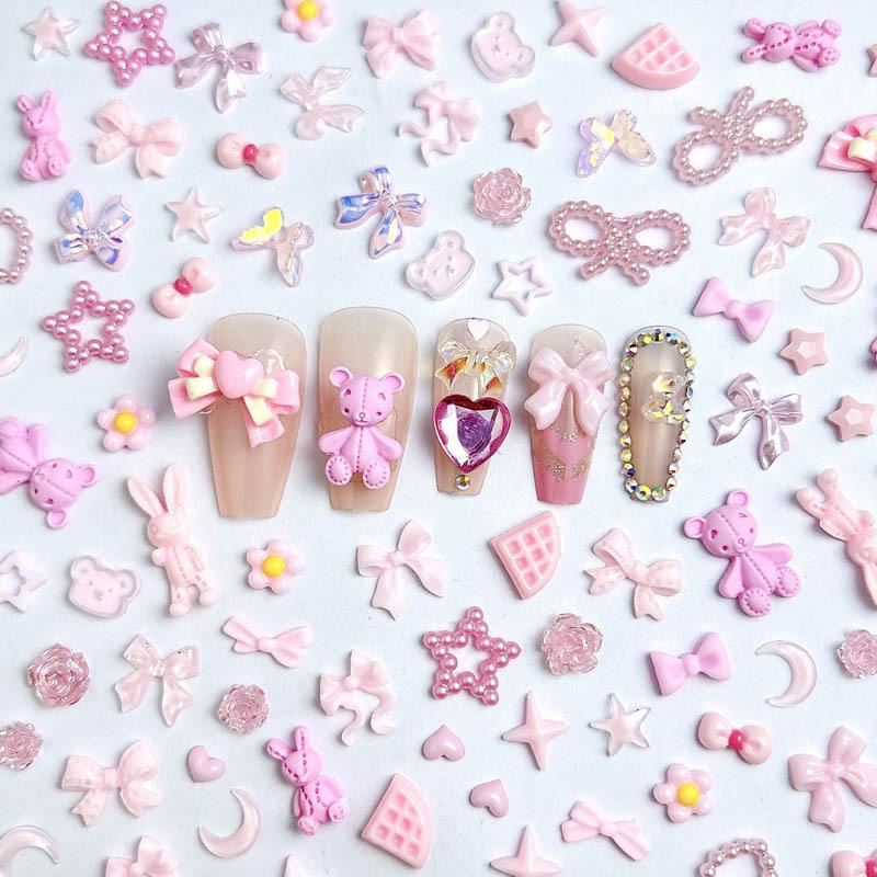 Pink Resin Cartoon Bowknot Heart Bow Tie Little Bunny Nail Art Accessories DIY Nail Hairpin Accessories Wholesale