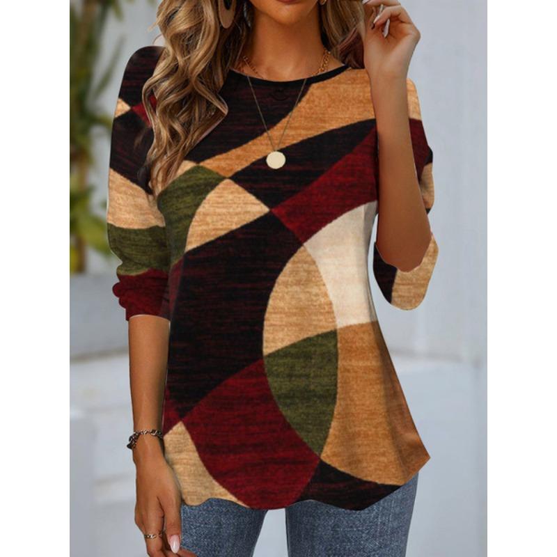 Round Neck 3D Flower Geometry Pattern Printed Top Fashionable Casual Long Sleeved Women's T-shirts