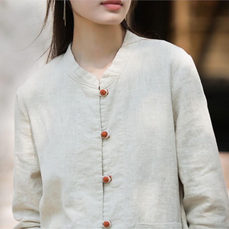 Johnature Dámské košile a topy v čínském stylu Stojáček Dlouhý rukáv Kapsy Halenky Podzimní jednobarevné košile